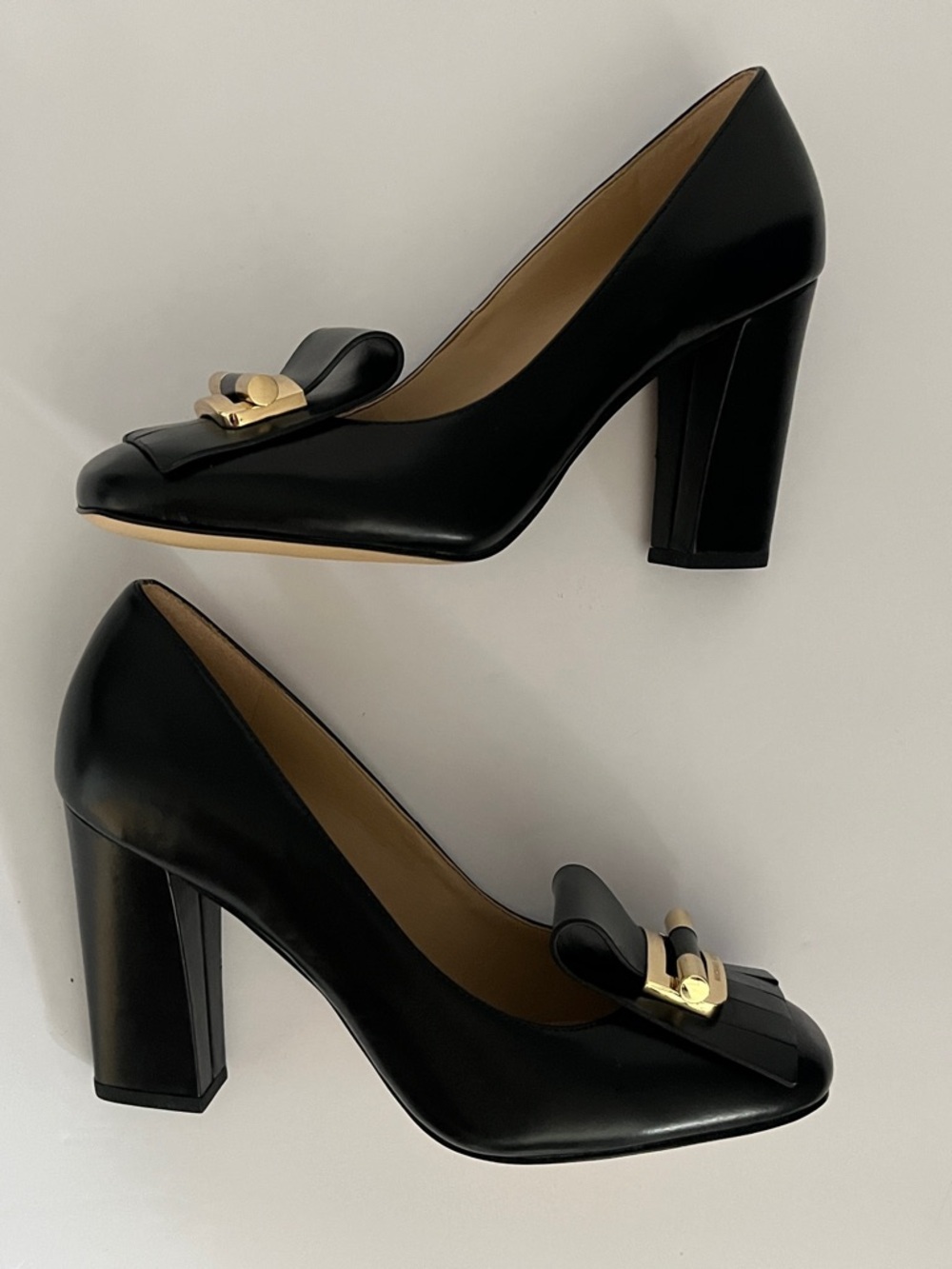 Michael Kors Gloria Kiltie Fringe Leather Pumps in Black with Gold-Tone Buckle - Picture 3 of 15